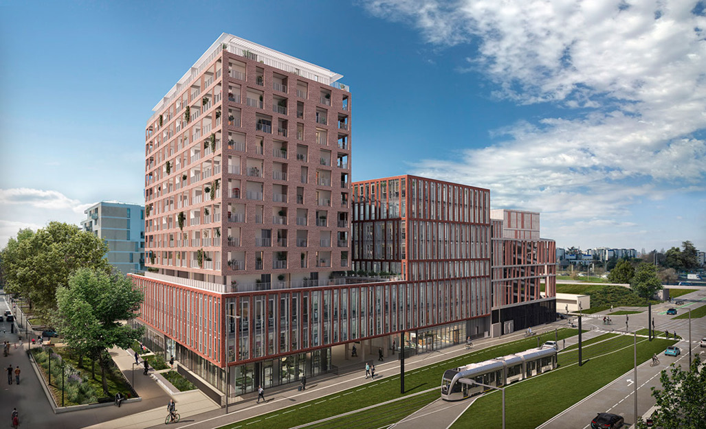 Emblème – ensemble immobilier depuis l'avenue de Grande Bretagne, Toulouse